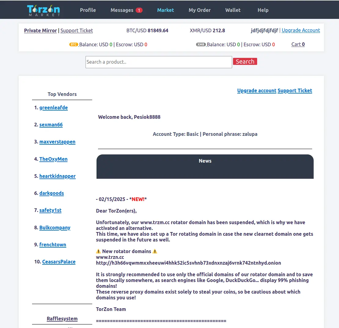 Torzon Market homepage interface displaying product categories verified vendors and secure darknet marketplace navigation system